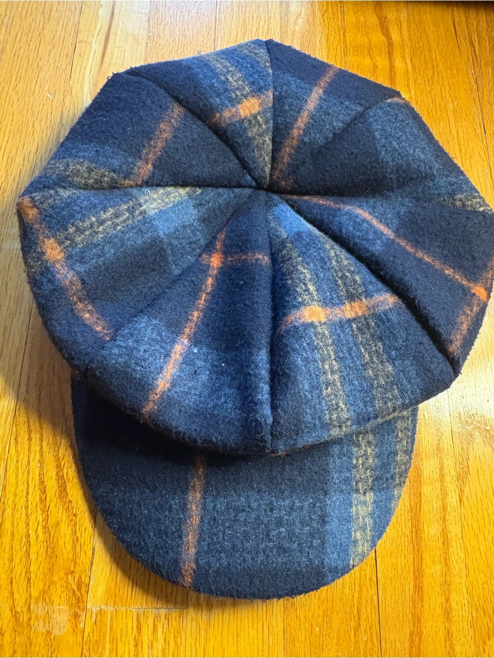 Wool Plaid Newsboy Cap in Navy with Orange & Gray Stripes
